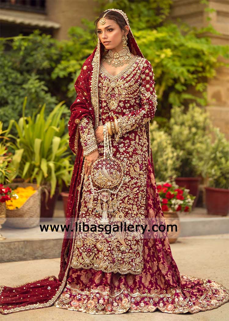 Crimson bridal shirt and lehenga with hand work gold USA for nikah day